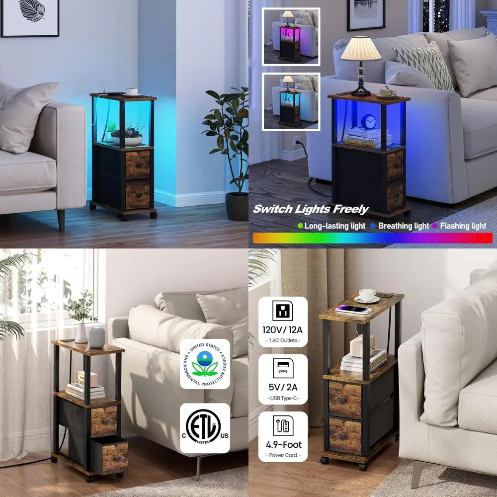 

Compact LED Side Tables with Fabric Drawers, Set of 2, Charging Station Nightstands for Small Spaces, USB Ports and Wheels Inclu