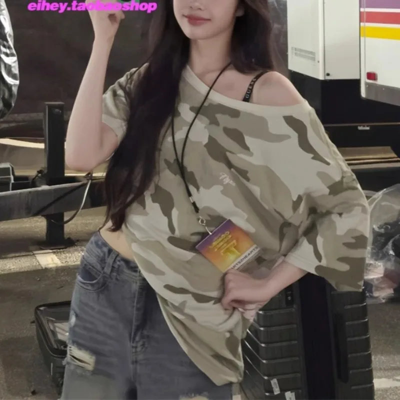 

Streetwear Contrast Color Color Patchwork Short-sleeved T-shirt Women 2025 Summer New Korean Strapless Camouflage Printed Tops
