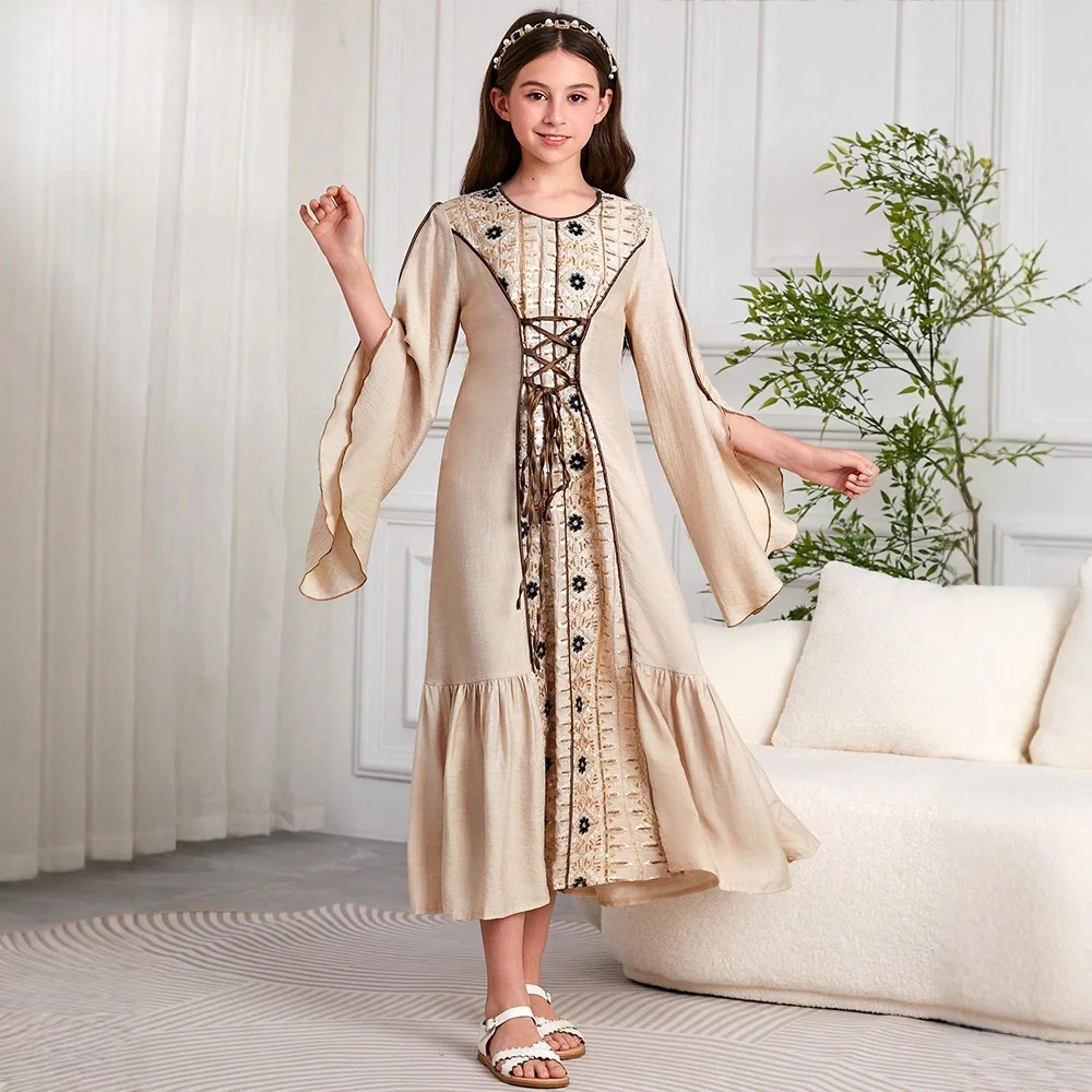 أزياء المغرب مسلم أطفال بنات التطريز فستان ماكسي رداء رمضان ملابس الأطفال الإسلامية العربية عباية تركيا حفلة دبي