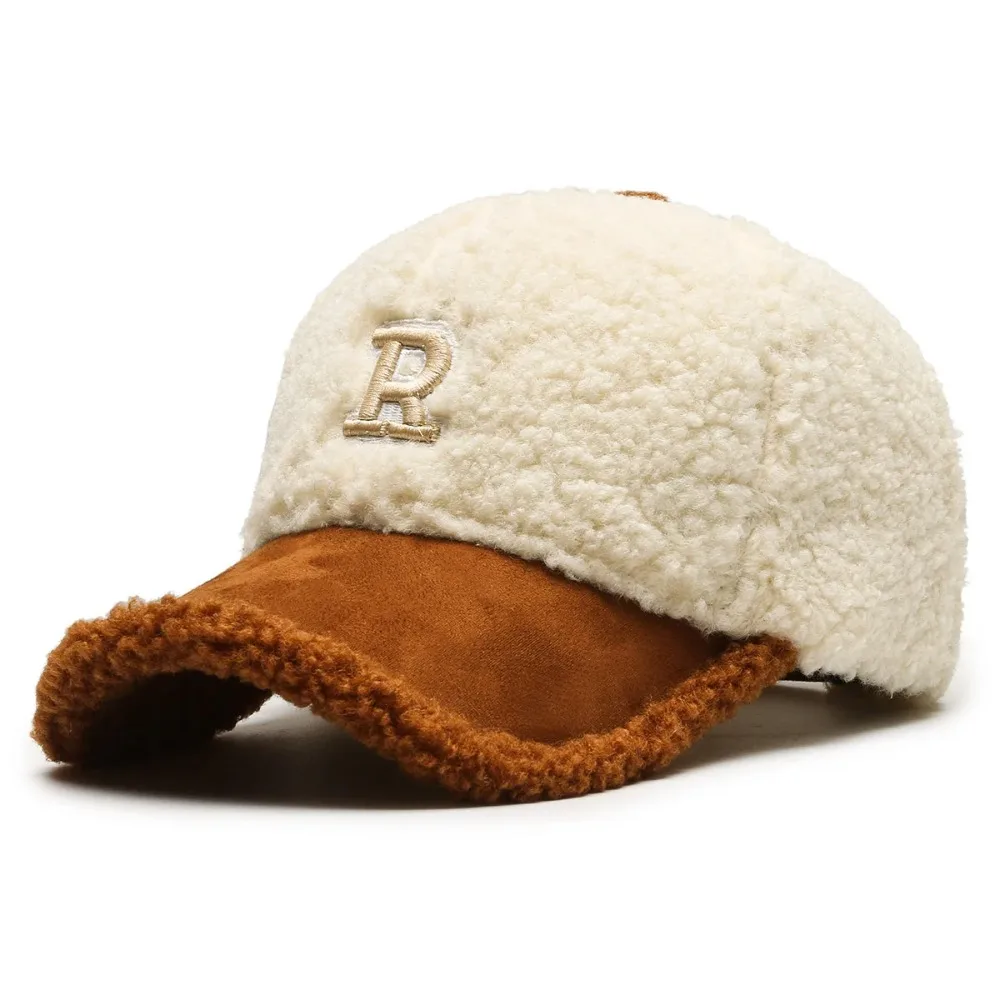 Trendy Big Letter Embroidery Men Hats Winter White Brown Lambswool Baseball Caps for Women Warm Luxury Hat Casquette Homme Кепка