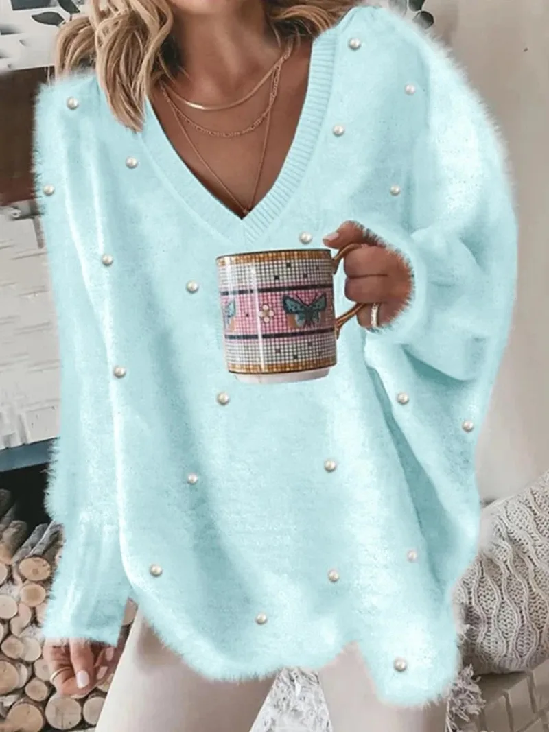 

Casual Outdoor Daily Wear for Fall Winter Women's Ribbed Knit Pullover Sweater Jumper Oversized V Neck Solid Color