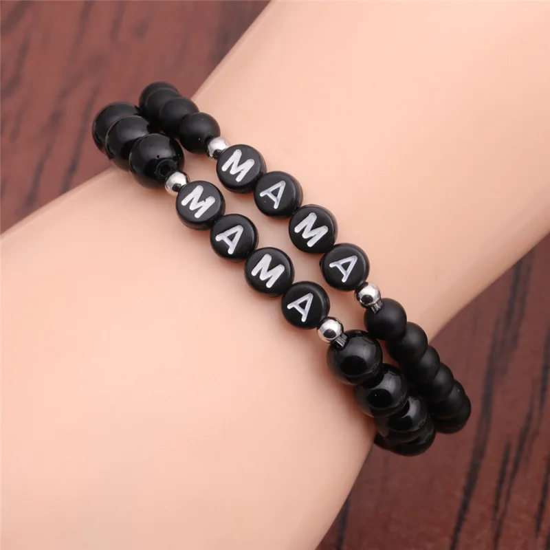 FTCY Couple\'s Black Obsidian Bracelets MAMA DAD Mother Father Chains in Hand Valentine\'s Present Blackstone Beads Jewelry Gift