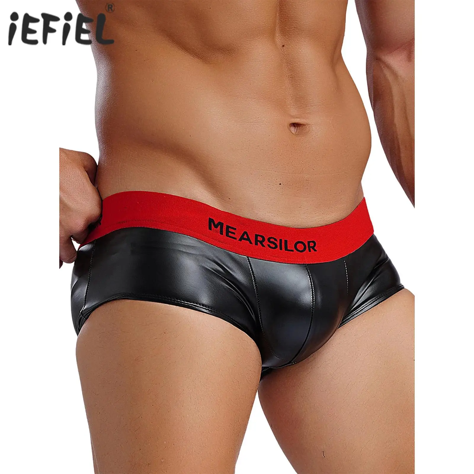 Mens Boxer Briefs Hot Pants Low Rise Latex Letter Band Elastic Waist Convex Pouch Underwear Lingerie for Nightclub Loungewear