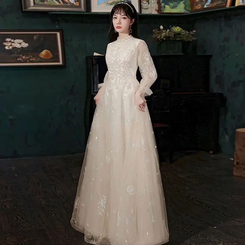 

Light Luxury Long Sleeve Evening Dress Champagne Floor-length Sequin Beadding Wedding Party Gown Temperament Quinceanera Dresess