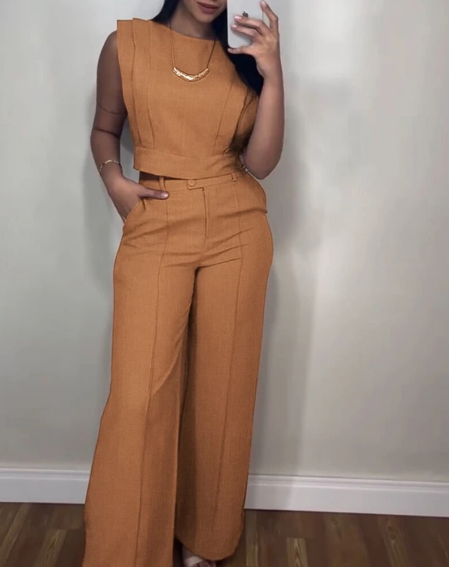 Two Piece Set Women Outfit 2025 Spring New Round Neck Cap Sleeve Crop Top & Casual Pocket Design High Waist Straight Pants Set