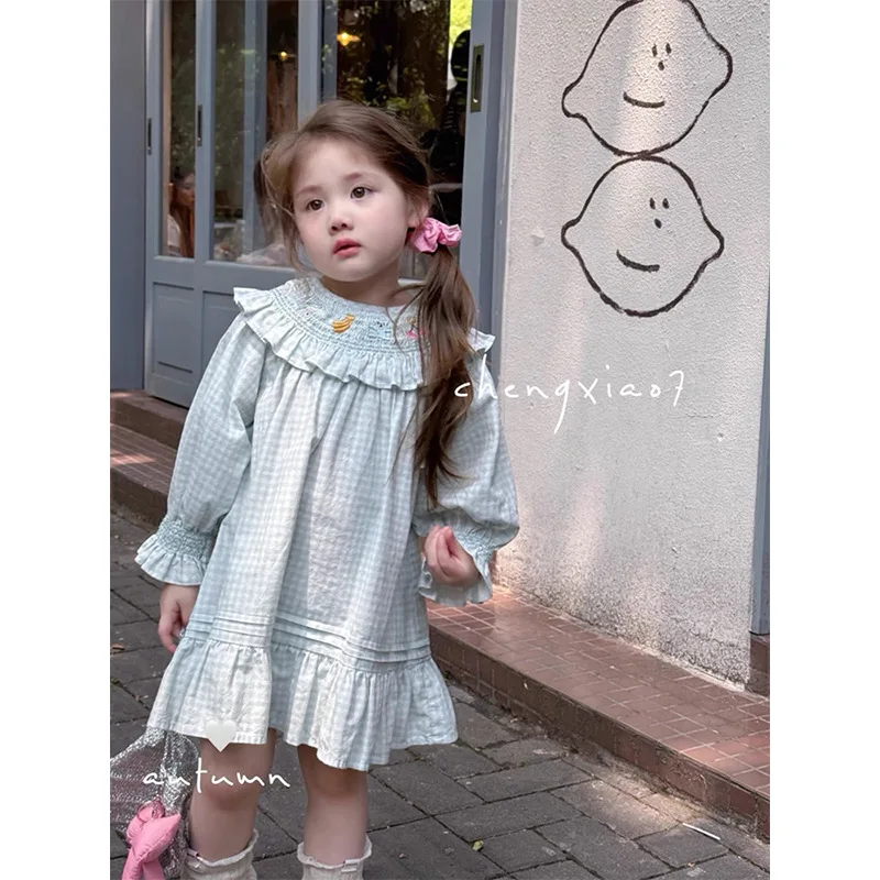 Japanese and Korean New Sky Blue Girl Baby Early Autumn Clothes Small Fresh Doll Collar Blue Shirt Dress Outing Princess Skirt