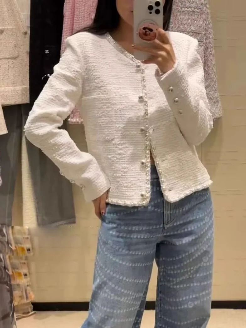 

Женская верхняя одежда Ele Pearl Trim Tweed Jaet ort V-Ne Long Sve, весна 2022, прямой крой