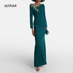 GORGA Dark Green O-Neck Beading Mermaid 2024 New Slim Crepe Long Sleeve Ocassion Gown Ankle-Length Formal Evening Dress