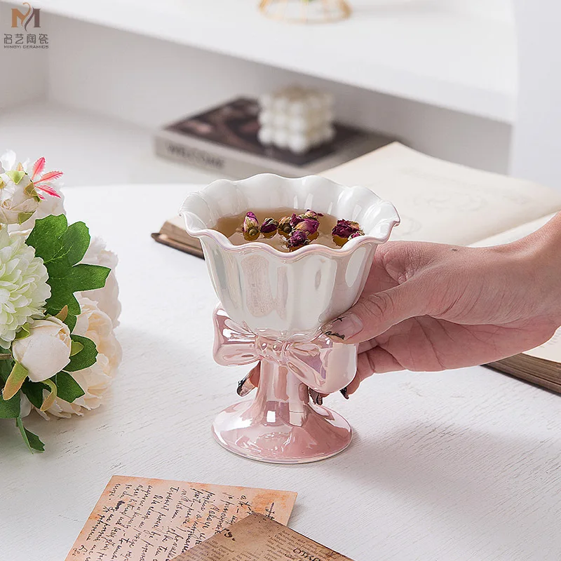 Japanese Butterfly Ice Cream Ceramic Cup, Creative Flower Cup, Mouth Mug, High Foot Cup, Dessert Mug, 180ml