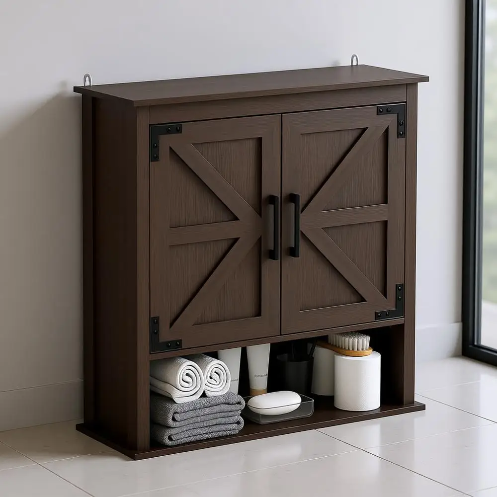 

Bathroom Wall Cabinet, Farmhouse Barn Door Wood Medicine Cabinet with Adjustable Shelves, Wall-Mounted Over-The-Toilet Storage,
