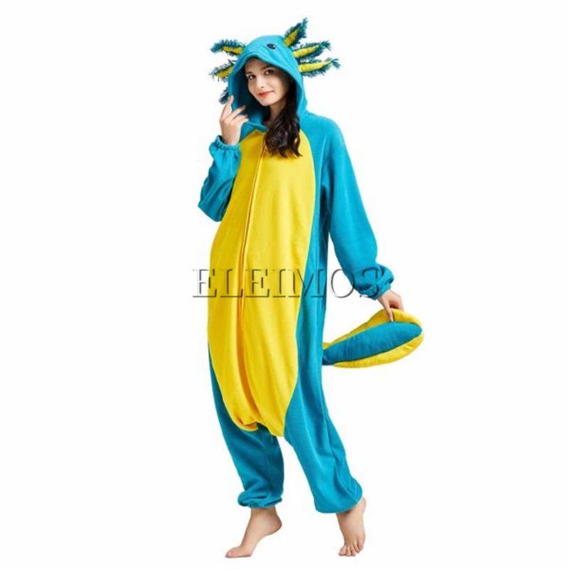 Halloween Onesie For Women Men Adult Animal Kigurumis Pyjamas Cartoon Blue Purple Axolotl Pajama Homewear Cosplay Costume