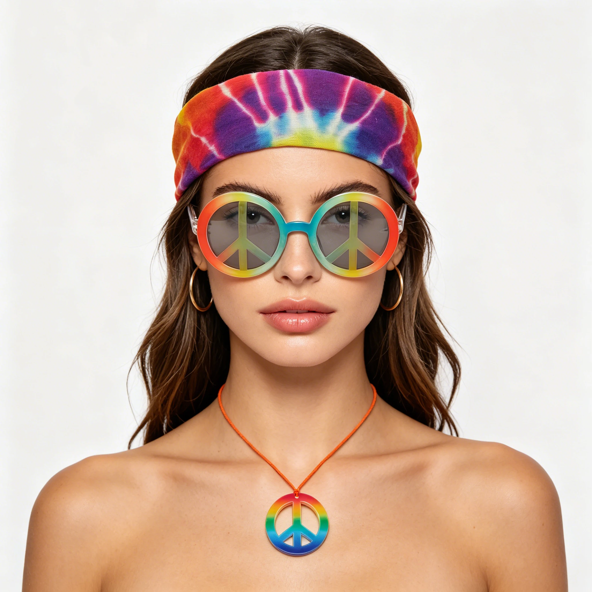 60s 70s Hippie Costume Accessories Set Tie Dye Headband Peace Sign Sunglasses Peace Necklace for Women Retro Hippie Outfit for H