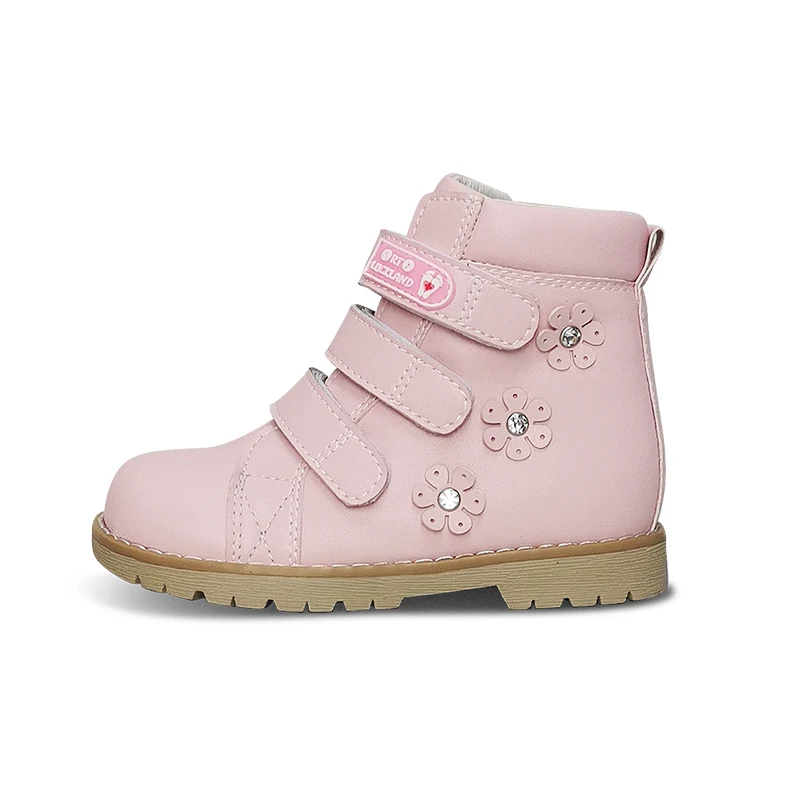 Ortoluckland Kid Shoes Girls Children Orthopedic Boots Fashion Spring Winter Toddler Pink Flower Leather Flatfoot Booties