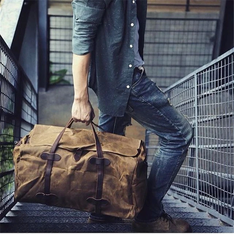 Bolsa de lona encerada para viaje, bolso de mano de gran capacidad, resistente al agua, Estilo Vintage, ideal para fin de semana y negocios, para