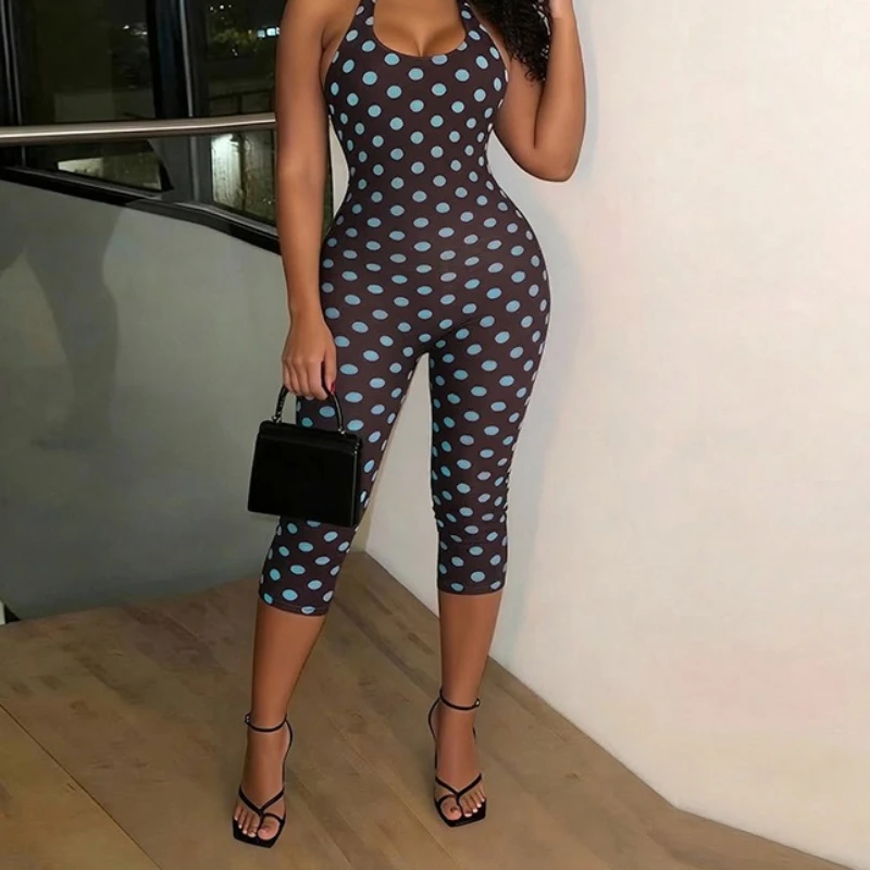 European and American Clothing Summer New Style Polka Dot Print Sleeveless Halter Neck Strap Slim Cropped Trousers Jumpsuit