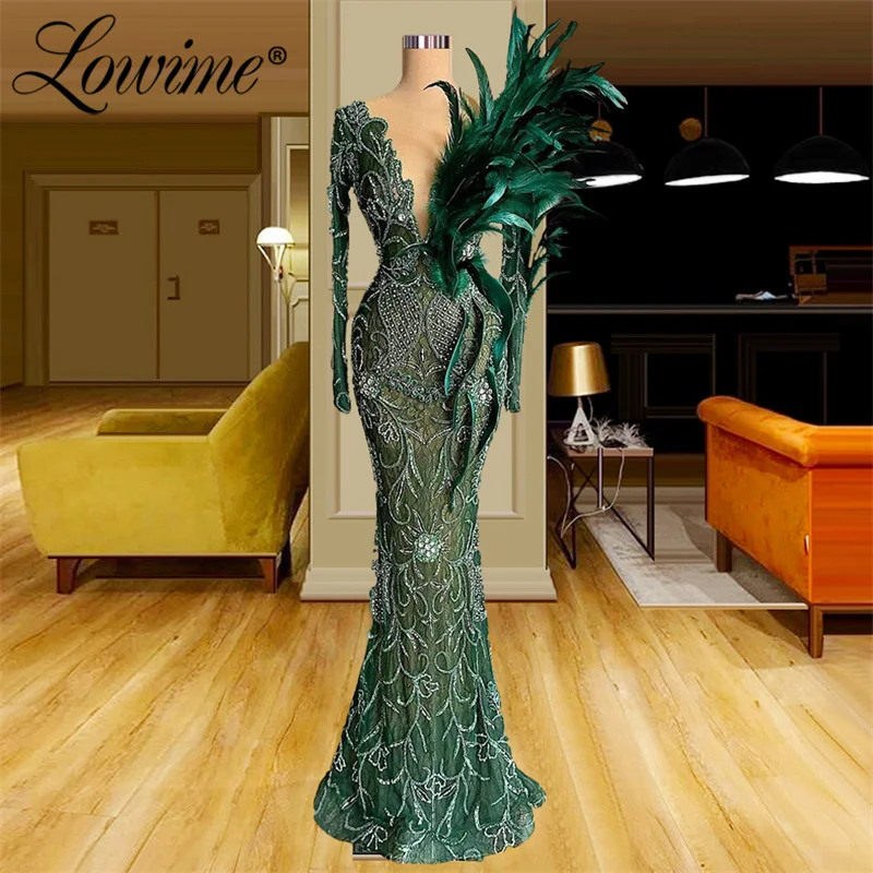 Lowime verde penas profundo decote em v vestidos de noite 2022 plus size sereia frisado cristais mangas compridas vestido de festa para casamentos