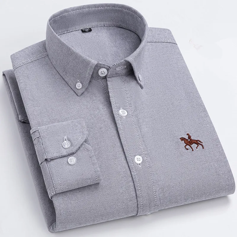 Mens Oxford Shirts Buttoned Streetwear Horse Classic Embroidered Striped Plaid Solid Leisure without Pocket Business Pink 6XL