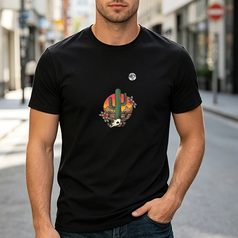 Desert Skull Cactus Sunset T Shirt Men Western Cowboy Style Graphic Print Tee Black Summer Holiday Top