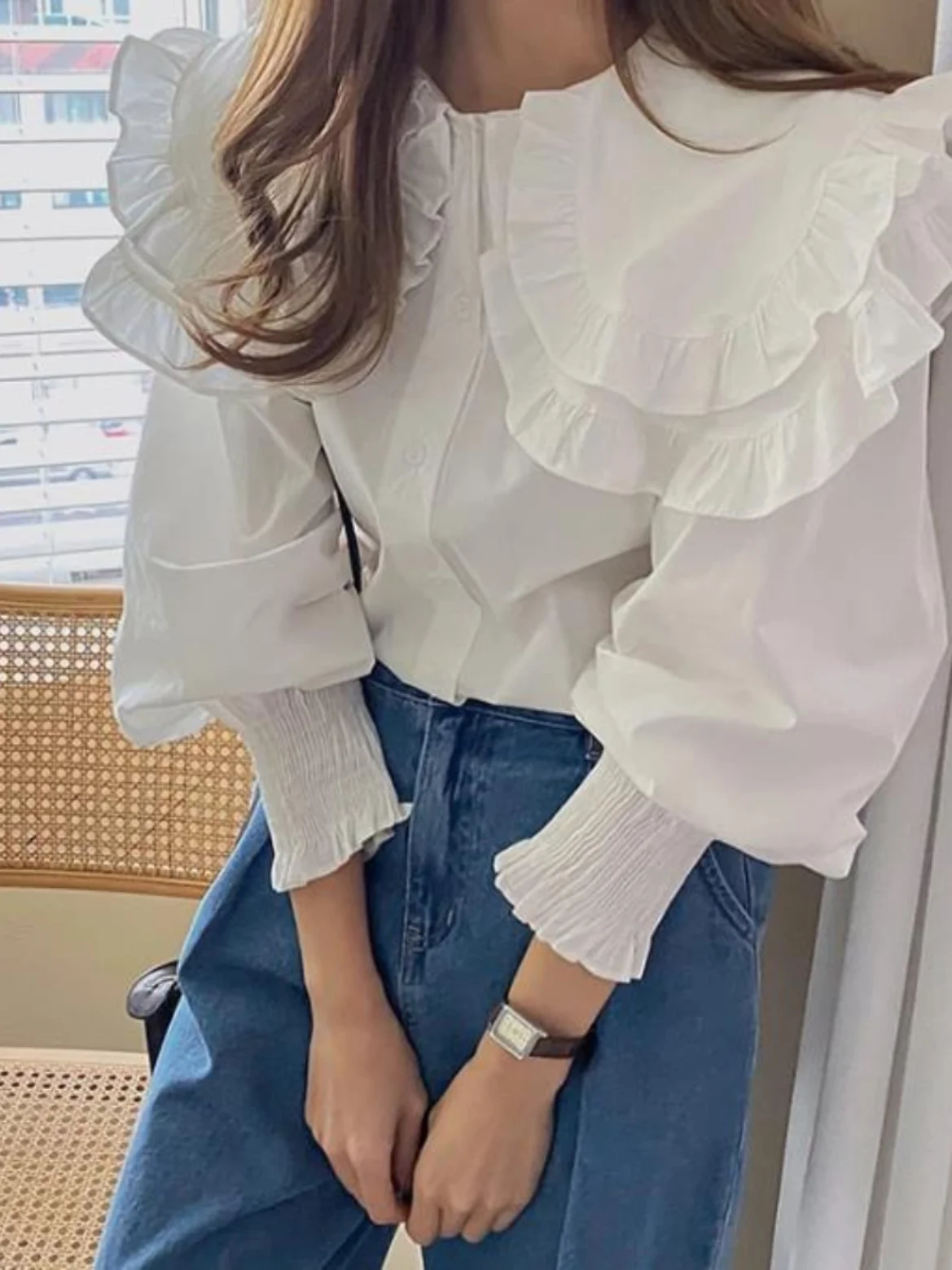 

Spring Autumn 2023 plus Size Women's Shirt Elegant All-Match Lotus Leaf Collar Slimming Bubble Sleeve Blouse for Plump Sister