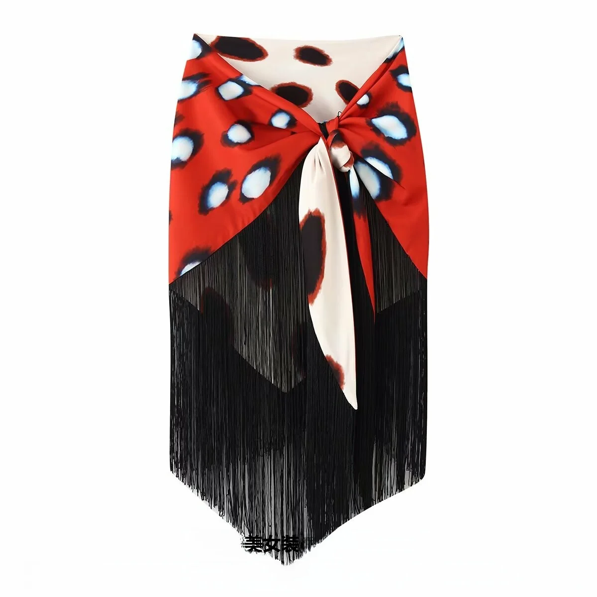 2026 Autumn New Women's Vacation Style  Scarf Apron Fringe Decoration Print Hem Belted Irregular High Waist Skirt