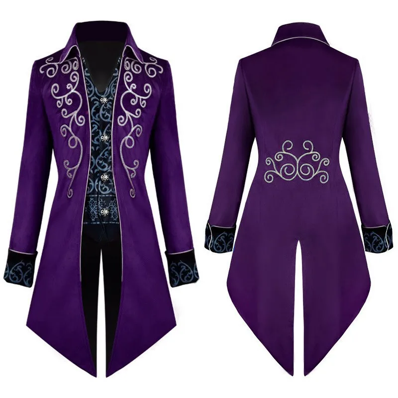 

Red Embroidered Men's Long Jacket, Black Mock Two-piece Trench Coat, Purple Collared Vintage Tailcoat.