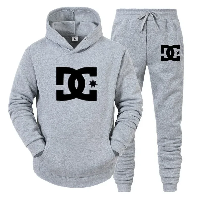 DC printed men\'s new autumn/winter sweater stand up collar hooded sweater jacket and casual pants two-piece set