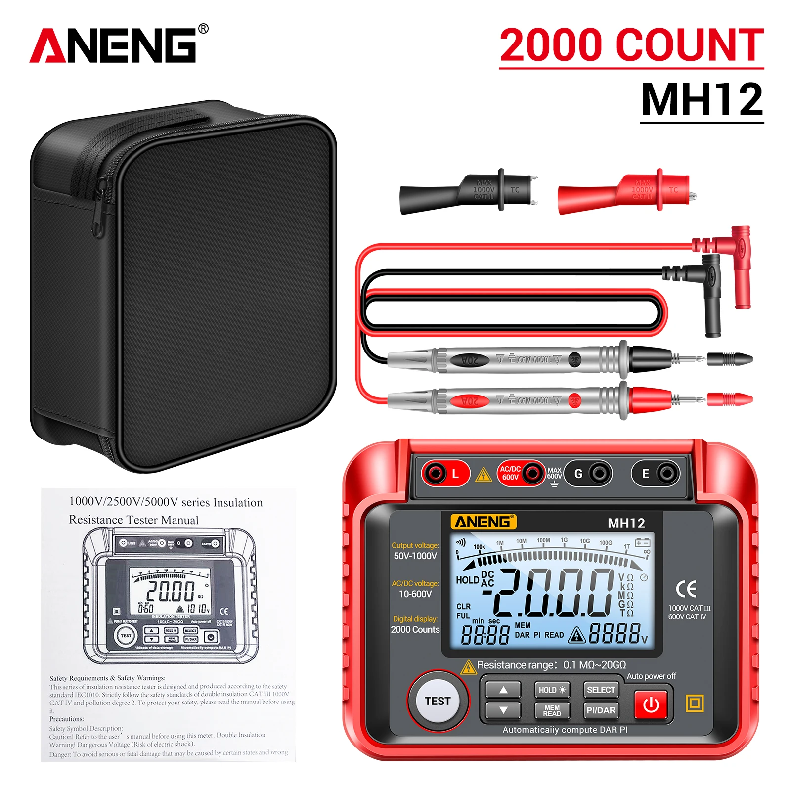 

ANENG MH12 Digital Megohmmeter Multi Voltage Output Insulation Tester AC/DC Voltage Measurement Industrial Electrical Test Meter