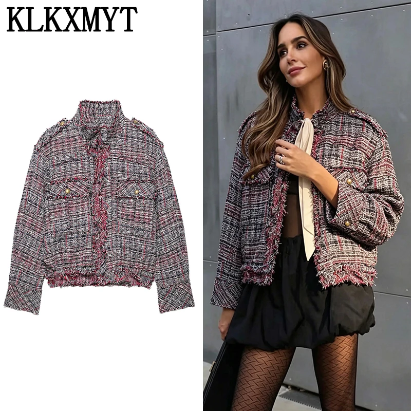 KLKXMYT Women's Jacket 2026 New Fashion Tweed Long Sleeve Casual Short Coat Streetwear Chic Bomber Jackets For Women
