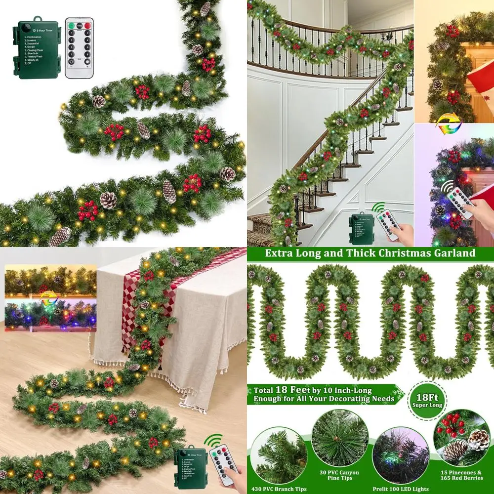 إكليل عيد الميلاد من Prelit بطول 18 قدمًا مع 100 مصباح أبيض دافئ وملون، ومؤقت 8 أوضاع، وفروع سميكة، و15000 فروع Ou #1