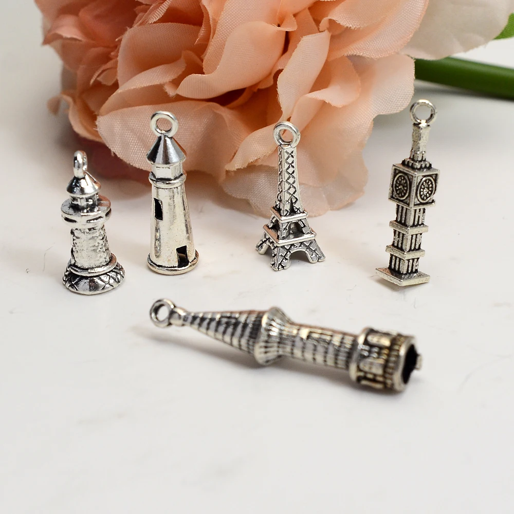 10/20pcs/lot 3D Lighthouse Castle Charms Travel Effie Tower Building Pendants For Diy Jewelry Making Supplies Accessories