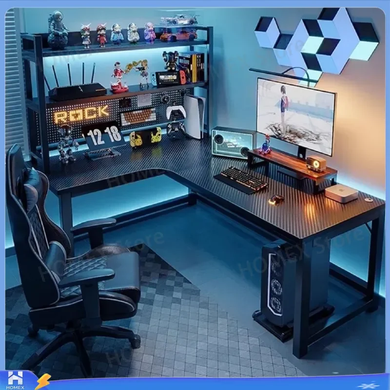 Corner Gaming Desk Computer Table with Bookshelf Double Workstation Home Office Furniture Modern Writing Desk for Bedroom