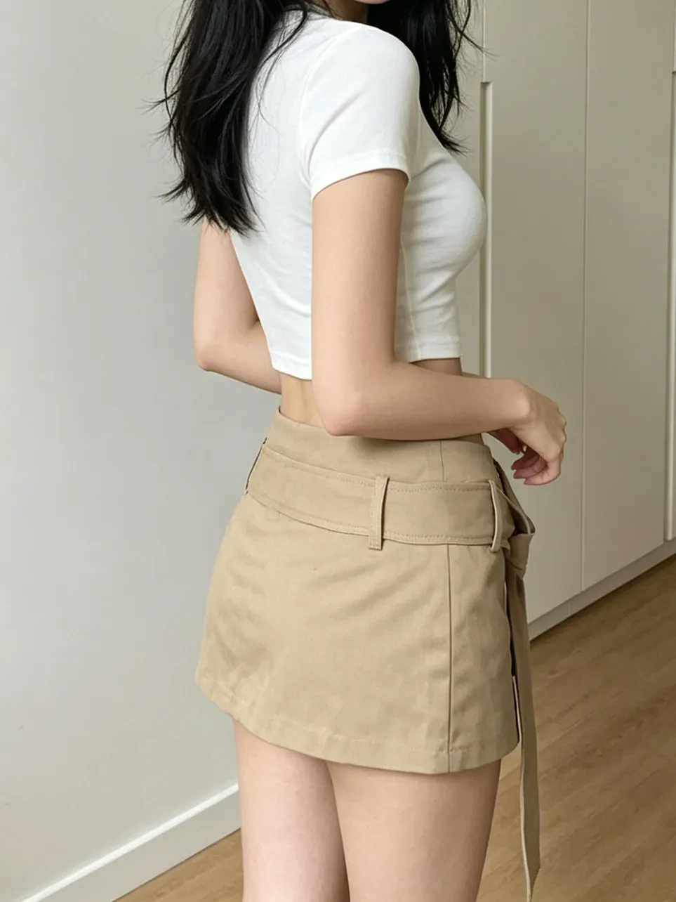 Slim Fit Summer New Style Pure Desire Hot Girl Wind Set Women's White Short T-Shirt Khaki Wrap around  Skirt Two Piece Set