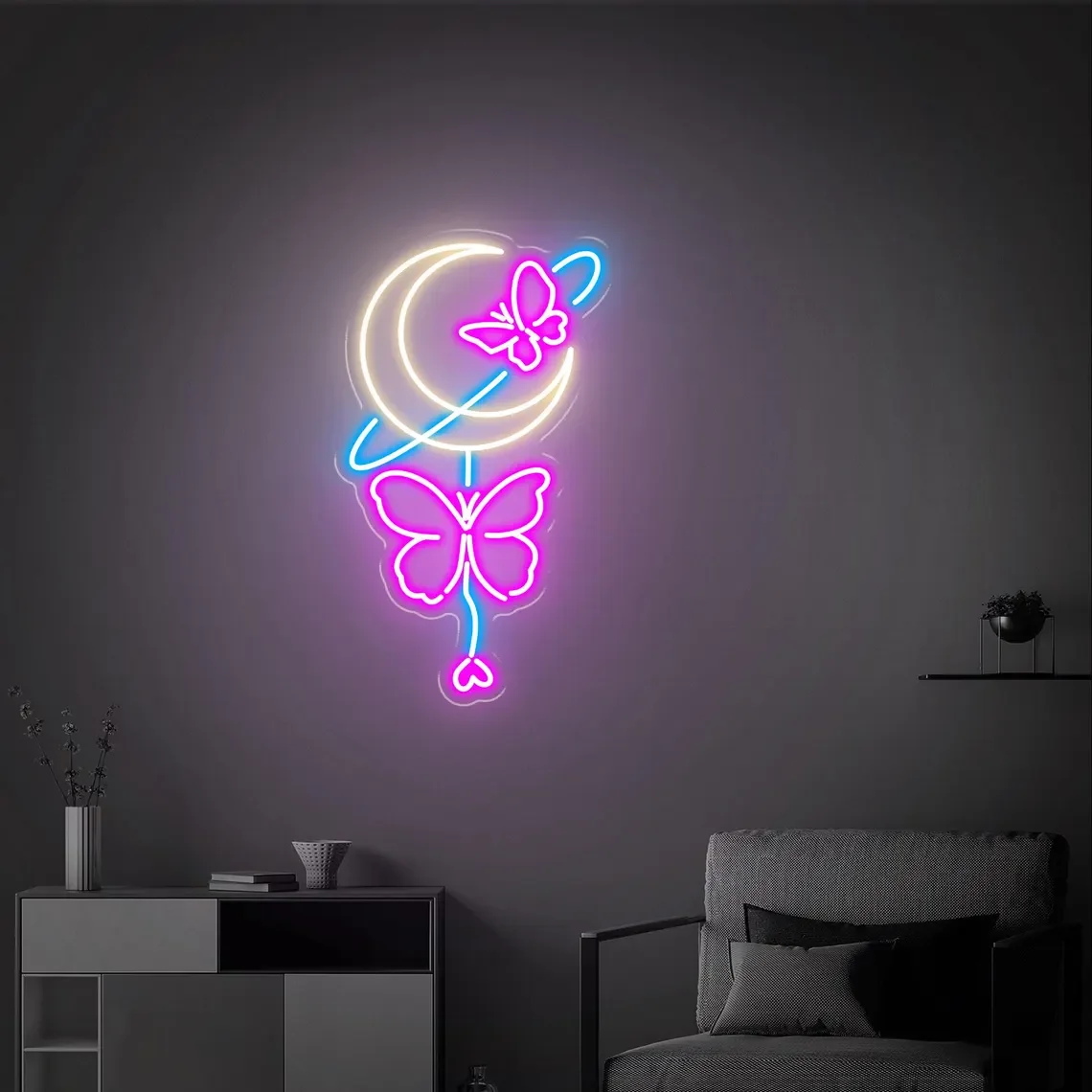

Неоновая вывеска «Бабочка и Луна», эстетическое неоновое настенное искусство, барный магазин, домашний декор для комнаты для девочек, подарок для нее