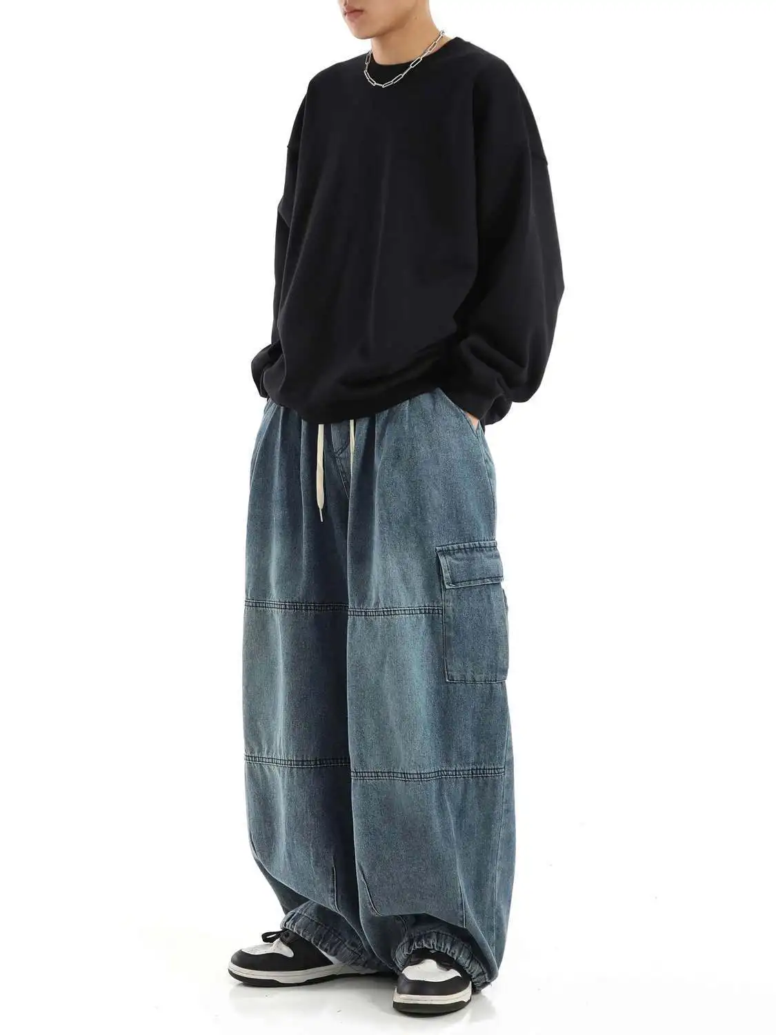 Schwarze Baggy-Cargohose für Herren, lässig, weites Bein, Jogginghose, Übergröße, Vintage, gerade, lockere Arbeitsjeanshose, weicher Komfort – Detail 19