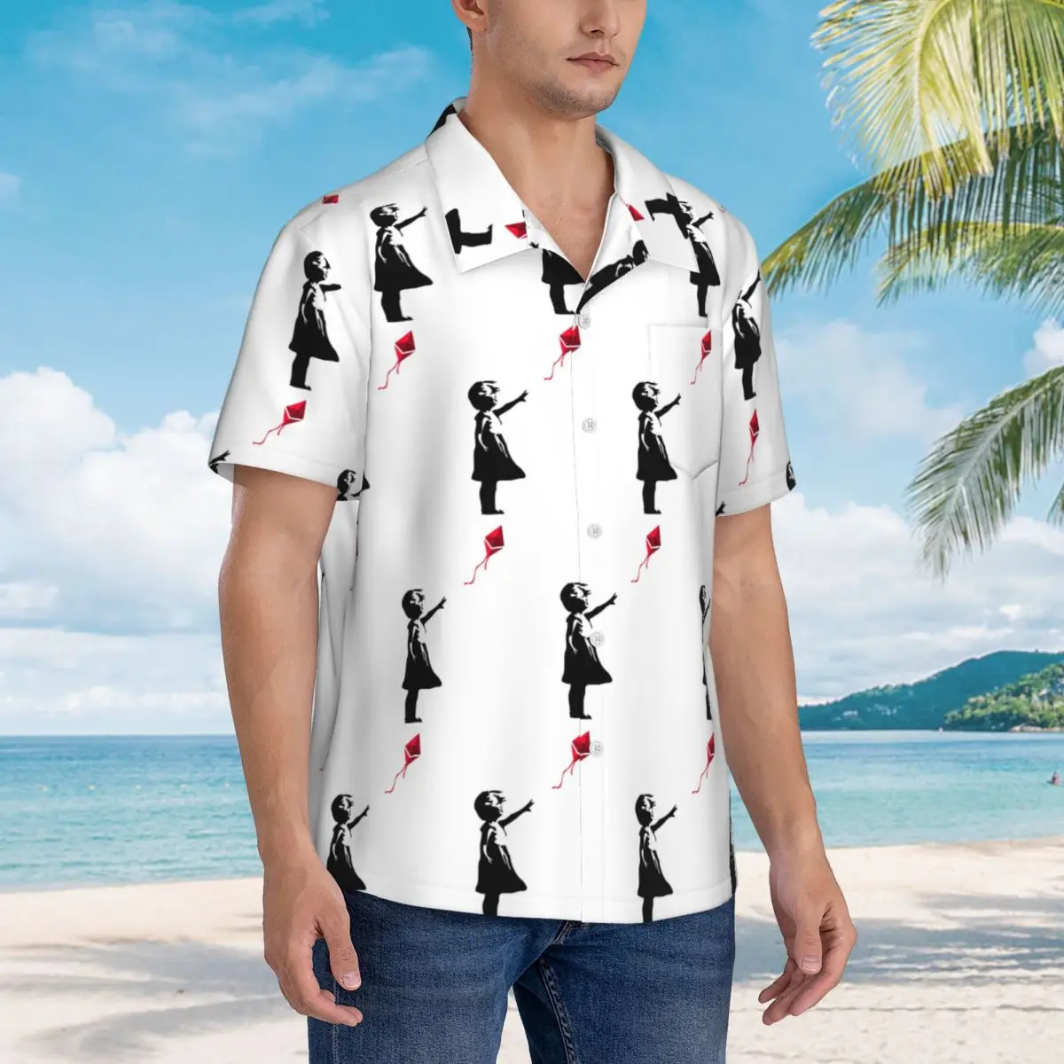 Chemises hawaïennes Ethereum X Banksy Balloon Girl, chemises décontractées à manches courtes pour hommes, chemises boutonnées pour l'été et la plage