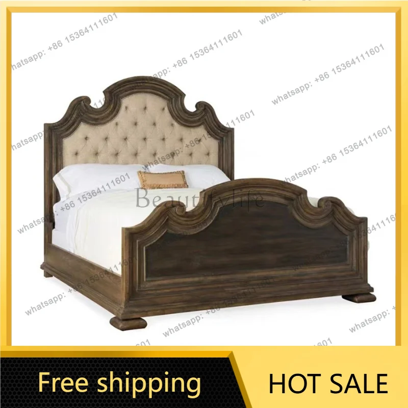 Zj. American light luxury oak solid wood bed French country retro old double bed