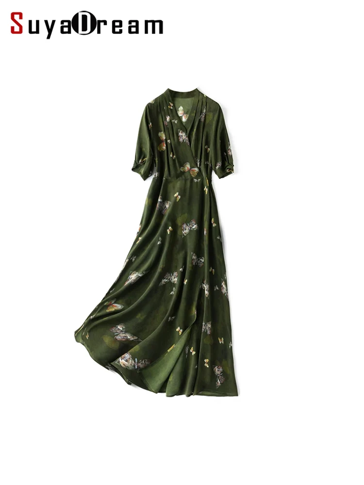 SuyaDream,Women Maxi Dresses100%Silk Crepe V Neck Side Vent Elegant Butterfly Prints Long Dress 2024 Spring Summer Green Clothes