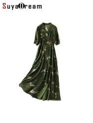 SuyaDream,Women Maxi Dresses100%Silk Crepe V Neck Side Vent Elegant Butterfly Prints Long Dress 2024 Spring Summer Green Clothes