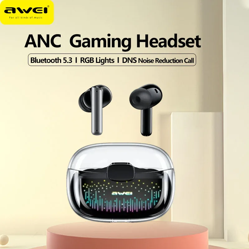 

Awei ANC Wireless Headphones With RGB lights 5.3 Noise Cancelling Sports Headset Gamer Hifi Surround Bluetooth Earphones Earbuds