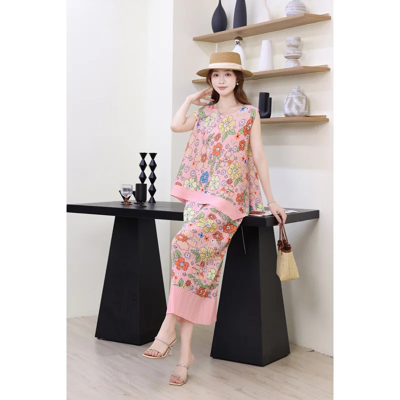 พิมพ์ลายดอกไม้หวานผู้หญิงหลวม Svel เสื้อกั๊กด้านบนเอวกระชับสัดส่วนชุดกระโปรงวัสดุโพลีเอสเตอร์ Midi ความยาวเอว