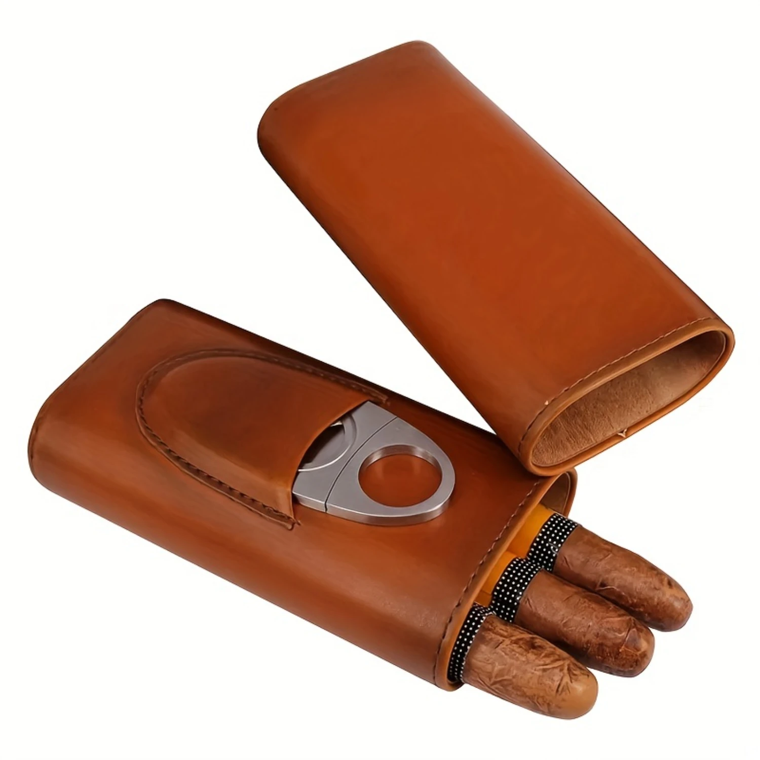 Genuine Leather 3-Finger Cigar Humidor w/ Case & Cutter - Ideal Gift for New Year's, Valentine's, Christmas