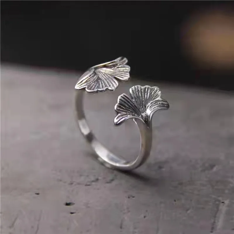 

New Retro Ginkgo Leaf 925 Sterling Silver Women's Fashion Personality Exquisite Popular Opening Rings JZ100