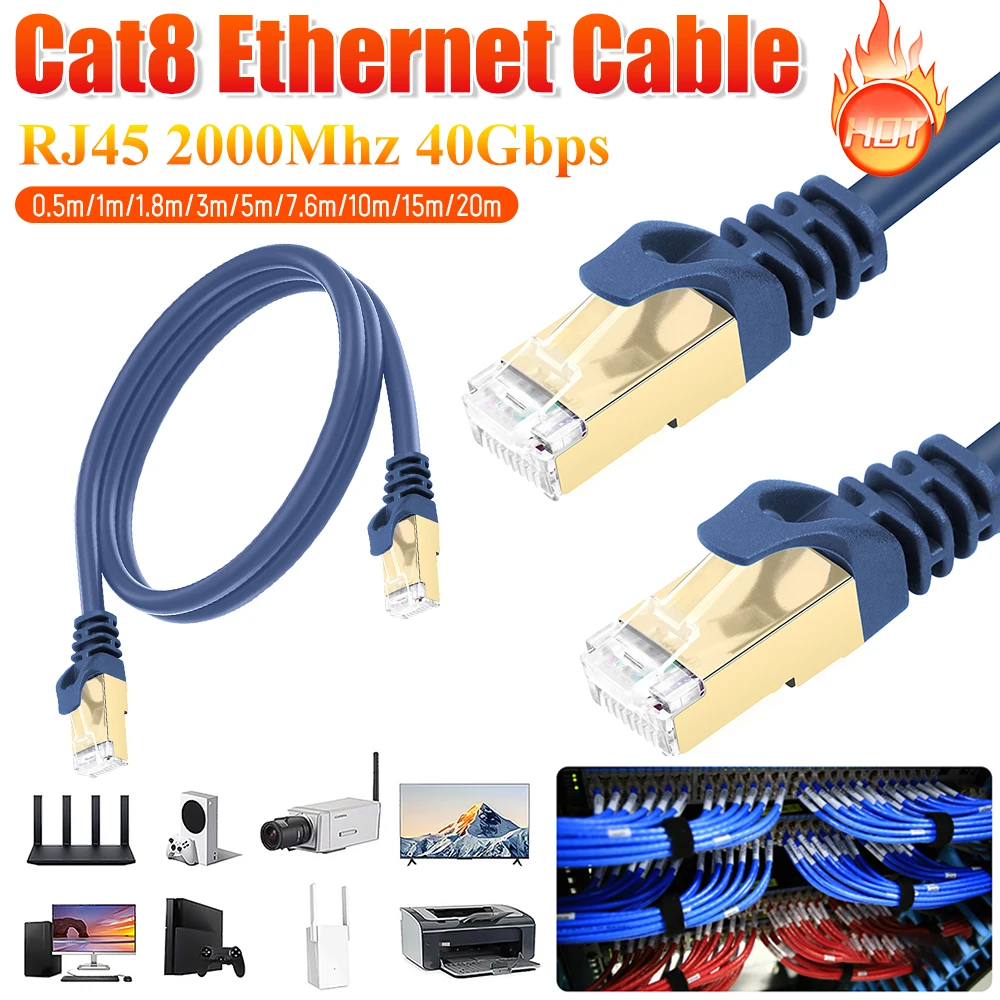 Cat8 Ethernet Cable 40Gbps Weatherproof RJ45 Network Cable 2000Mhz Cat8 LAN Network Cable Network Cord for PS4 Laptop PC Router