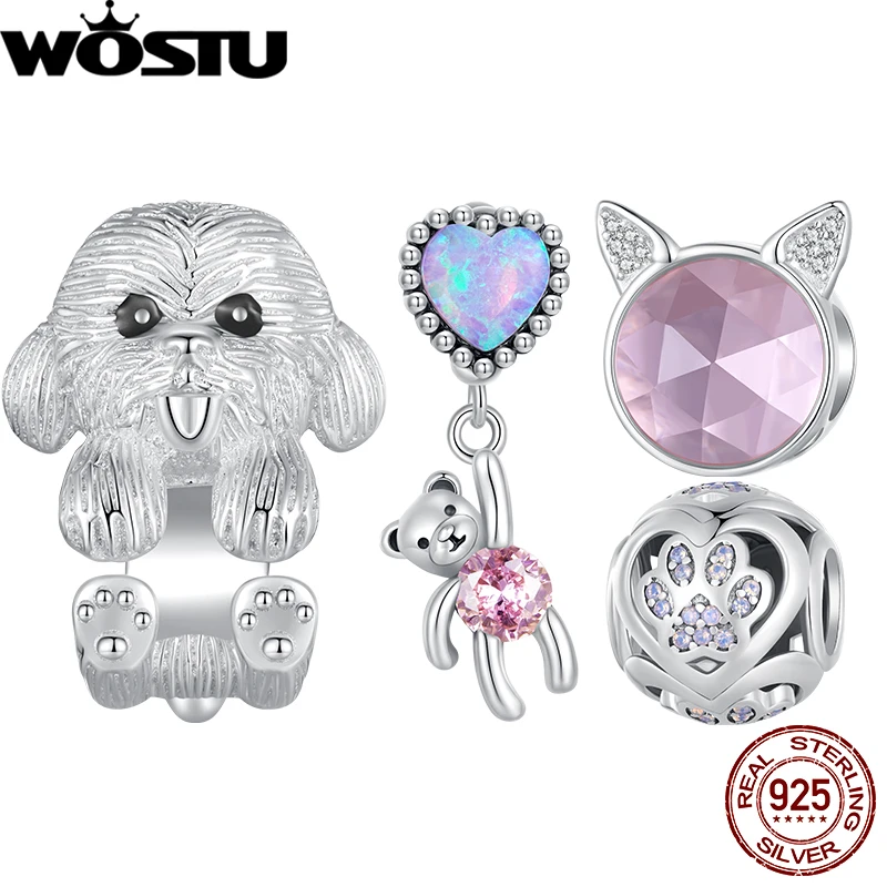 WOSTU 925 Sterling Silver Pink Cat Paw Bead Bear Heart Pendant Teddy Charm Fit For Original Bracelet Bangle DIY Jewelry Gift