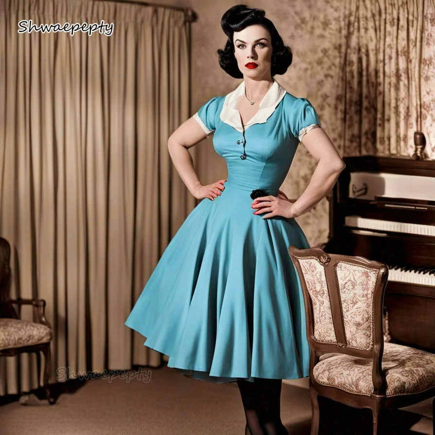 

1950s Flared Prom Dress Tea-Length Vintage Evening Gowns Short Sleeves Satin Party Boutique Dresses Customized