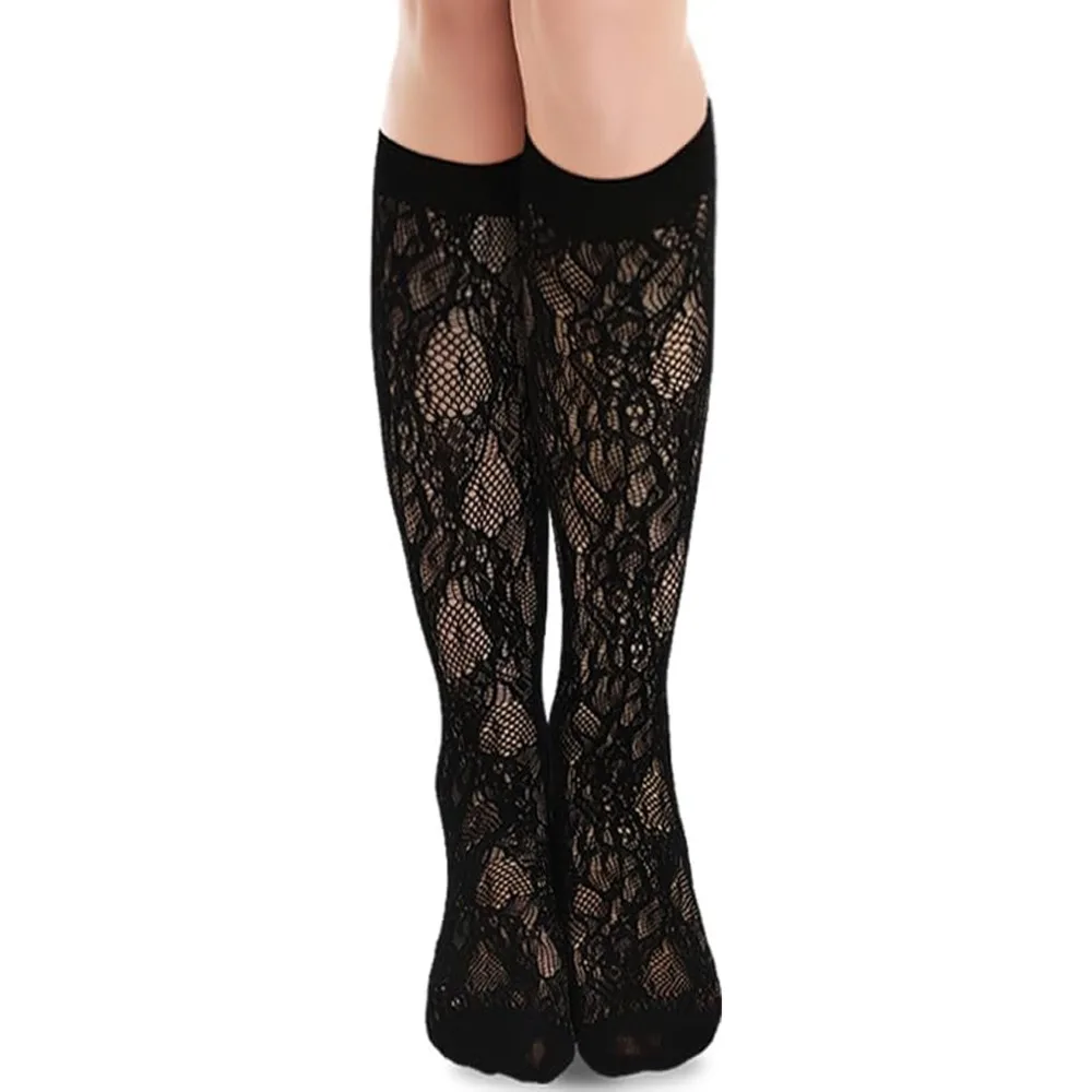 Cute Floral Printed Lace Knee High Socks Hollow Sweet Mesh Stockings Thin Y2k Lolita Socks For Girls