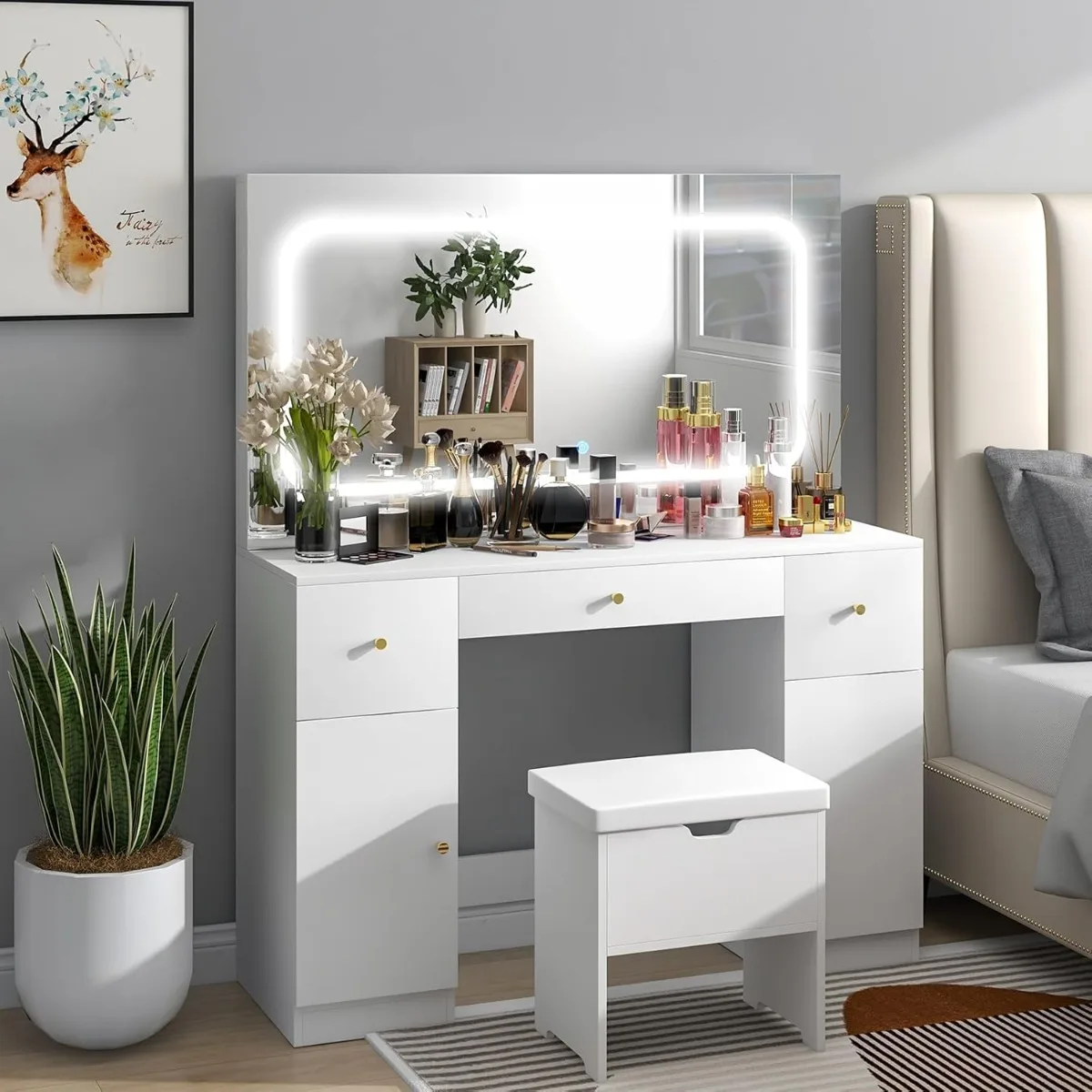 

oneinmil Vanity Desk Set with LED Lighted Mirror & Charging Station, 3 Drawers & 2 Cabinets Makeup Vanities Dressing Table