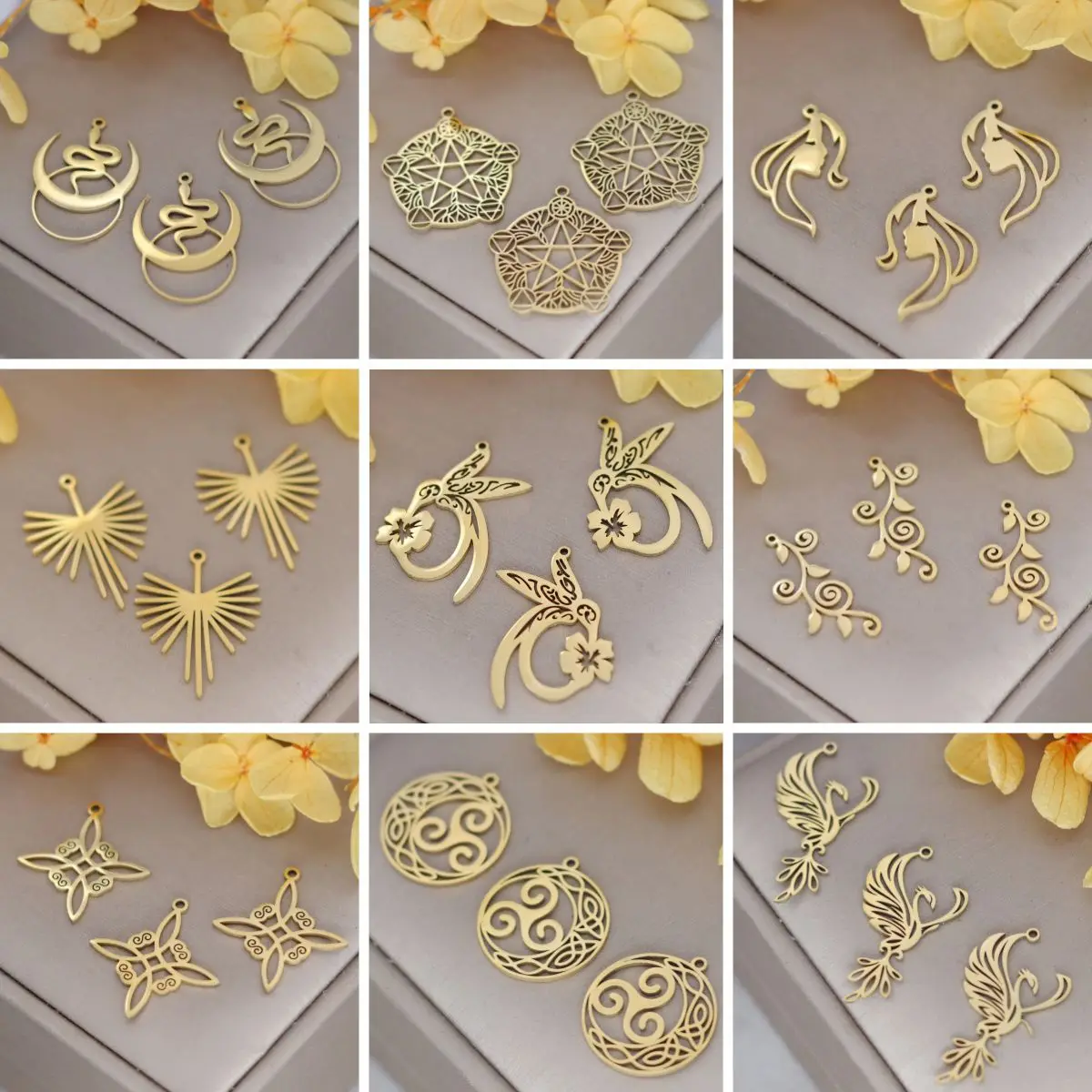 3pcs Golden Vintage Filigree Lady Face Stainless Steel Hummingbird Flower Charms DIY Earring Jewelry Making Witch Knot Pendant