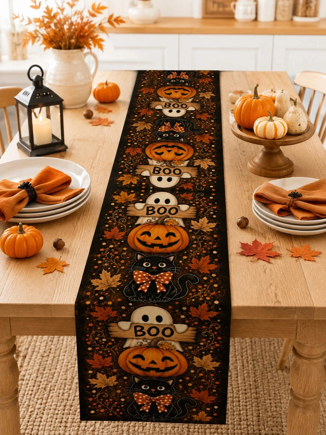 1pc Halloween Pumpkin Ghost Black Cat Linen Table Runner Multi‑Size BOO Pattern Table Decor for Dining Table Kitchen Living Room