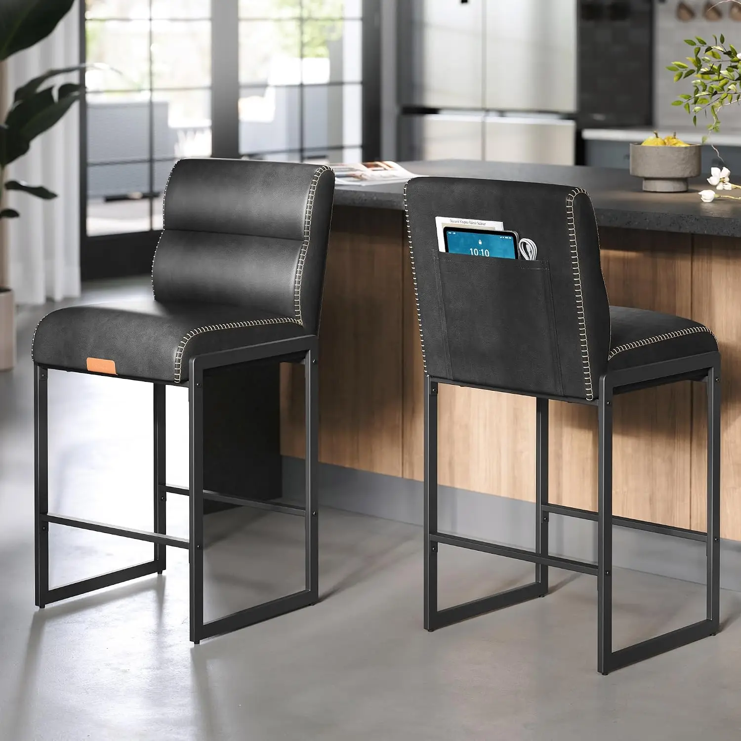 EKHO Collection - Bar Stools Set of 2, Counter Height Stools with Backs, 26.4-Inch Barstools Chairs, Synthetic Leather